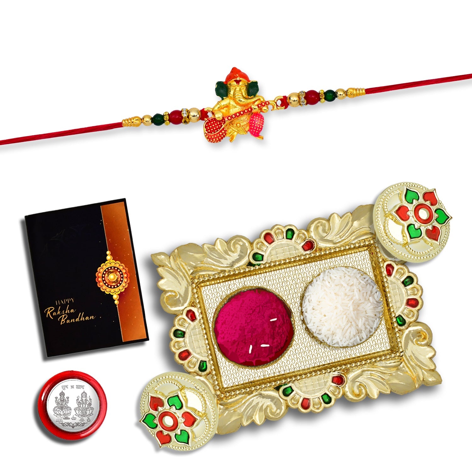 Diamond Rakhi With Red Mina Work With Square Pooja Thali Set ,Silver Color Pooja Coin, Roli Chawal & Greeting Card