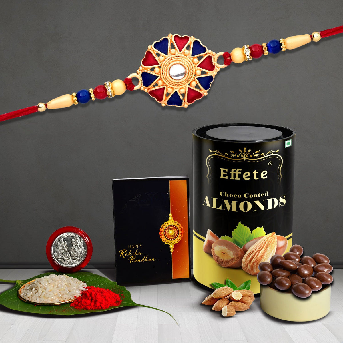 Red & Blue Heart Stone With Beads With Effete Choco Almond Chocolate 96Gm ,Silver Color Pooja Coin, Roli Chawal & Greeting Card