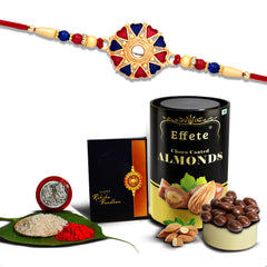 Red & Blue Heart Stone With Beads With Effete Choco Almond Chocolate 96Gm ,Silver Color Pooja Coin, Roli Chawal & Greeting Card