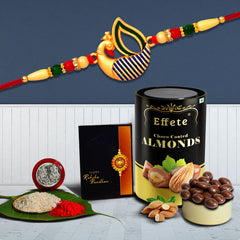 Peacock Design With Red & Green Mina With Effete Choco Almond Chocolate 96Gm ,Silver Color Pooja Coin, Roli Chawal & Greeting Card