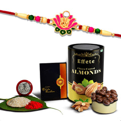 Lotus Flower Design With Beads With Effete Choco Almond Chocolate 96Gm ,Silver Color Pooja Coin, Roli Chawal & Greeting Card