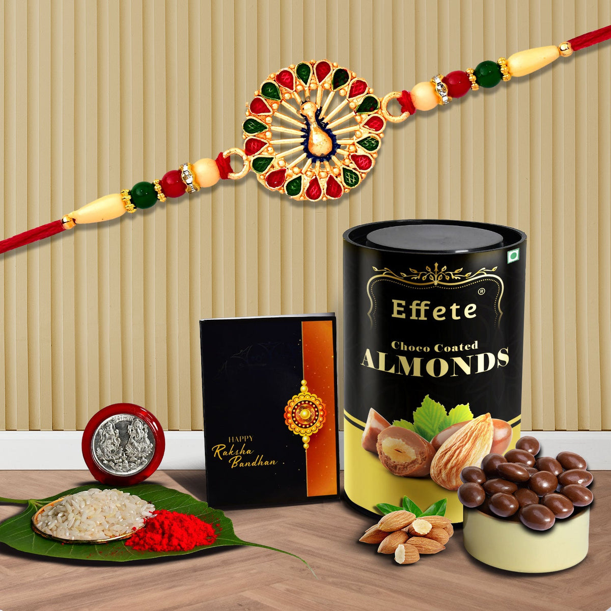 Peacock In Circle With Red & Green Mina With Effete Choco Almond Chocolate 96Gm ,Silver Color Pooja Coin, Roli Chawal & Greeting Card