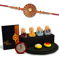 Traditional Round Shape Rakhi With Diamonds With Decorative Baby Buddha Gift ,Silver Color Pooja Coin, Roli Chawal & Greeting Card