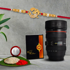 Om Golden Color Rakhi With Diamonds With Coffee Camera Lense Mug ,Silver Color Pooja Coin, Roli Chawal & Greeting Card