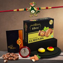 Kids Rakhi Design With Beads With Effete Choco Almond Chocolate 32Gm ,Silver Color Pooja Coin, Roli Chawal & Greeting Card