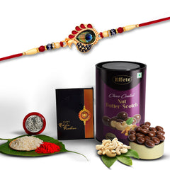 Pyari Bhabhi Design With Golden Beads With Effete Butterscotch Chocolate 96Gm ,Silver Color Pooja Coin, Roli Chawal & Greeting Card
