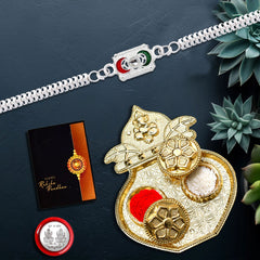 Silver Color With Square Design And Mina Work With Kalash Pooja Thali Set ,Silver Color Pooja Coin, Roli Chawal & Greeting Card
