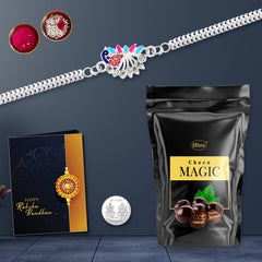 Peacock Design With Colorful Stone Bracelet With Effete Standy Pouch 40Gm ,Silver Color Pooja Coin, Roli Chawal & Greeting Card