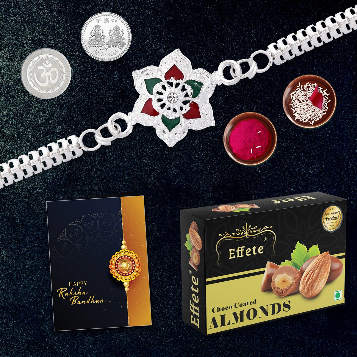 Flower Shape With Red & Green Mina Bracelet With Effete Choco Almond Chocolate 32Gm ,Silver Color Pooja Coin, Roli Chawal & Greeting Card