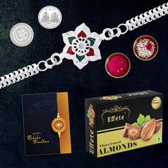 Flower Shape With Red & Green Mina Bracelet With Effete Choco Almond Chocolate 32Gm ,Silver Color Pooja Coin, Roli Chawal & Greeting Card