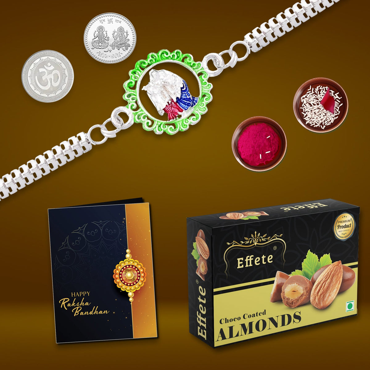 Radha Krishan In Circle Bracelet With Effete Choco Almond Chocolate 32Gm ,Silver Color Pooja Coin, Roli Chawal & Greeting Card