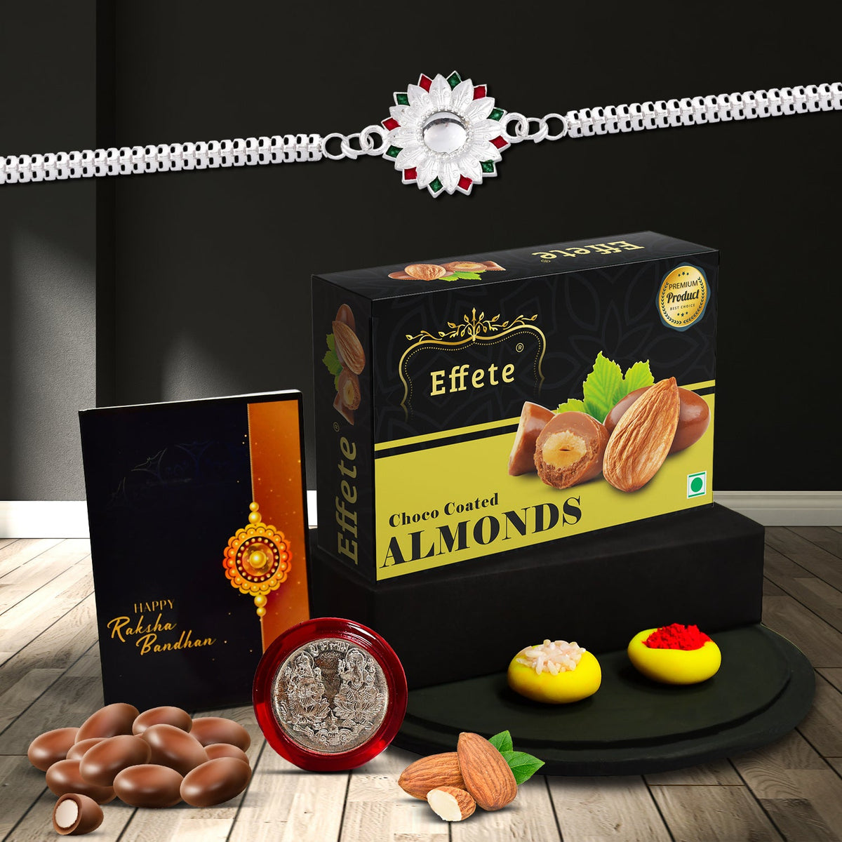 Sunflower Shape With Red & Green Mina Bracelet With Effete Choco Almond Chocolate 32Gm ,Silver Color Pooja Coin, Roli Chawal & Greeting Card