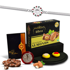 Sunflower Shape With Red & Green Mina Bracelet With Effete Choco Almond Chocolate 32Gm ,Silver Color Pooja Coin, Roli Chawal & Greeting Card