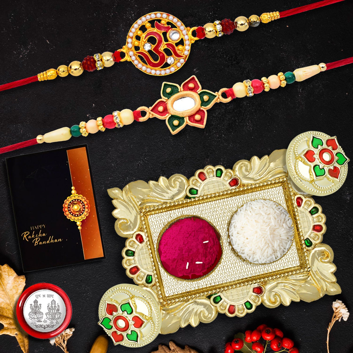 Swastik Rakhi And Om Rakhi With Square Pooja Thali Set ,Silver Color Pooja Coin, Roli Chawal & Greeting Card