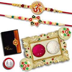 Swastik Rakhi And Om Rakhi With Square Pooja Thali Set ,Silver Color Pooja Coin, Roli Chawal & Greeting Card