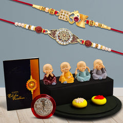 Om Rakhi With Diamond And Traditional Rakhi In Round Shape With Decorative Baby Buddha Gift ,Silver Color Pooja Coin, Roli Chawal & Greeting Card