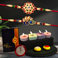 Flower Golden Rakhi And Mor With Morpichh Rakhi With Decorative Gift 4Pc Diya Set ,Silver Color Pooja Coin, Roli Chawal & Greeting Card