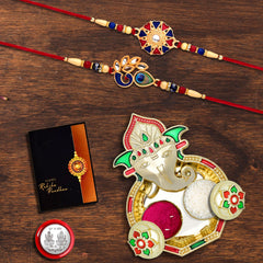 Traditional Rakhi Combo with 2 Elegant Rakhis, Lord Ganesh Pooja Thali, Roli Chawal Kit, Silver Coin & Greeting,Rakhi Gift Combo