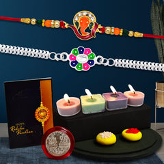 Ganesh Golden Color Rakhi And Silver Flower Rakhi With Decorative Gift 4Pc Diya Set For Your Brother,Silver Color Pooja Coin, Roli Chawal & Greeting Card