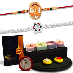 Ganesh Golden Color Rakhi And Silver Flower Rakhi With Decorative Gift 4Pc Diya Set ,Silver Color Pooja Coin, Roli Chawal & Greeting Card