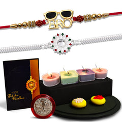 Silver Flower And Bro Swag Rakhi With Decorative Gift 4Pc Diya Set ,Silver Color Pooja Coin, Roli Chawal & Greeting Card