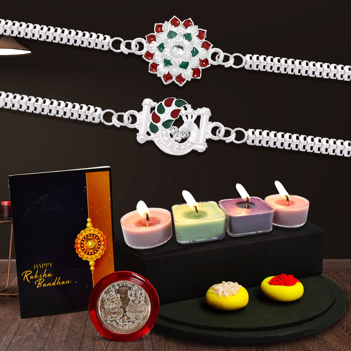 Flower And Mor Silver Color Rakhi With Decorative Gift 4Pc Diya Set ,Silver Color Pooja Coin, Roli Chawal & Greeting Card