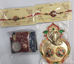 Traditional Rakhi Combo with 2 Elegant Rakhis, Lord Ganesh Pooja Thali, Roli Chawal Kit, Silver Coin & Greeting,Rakhi Gift Combo