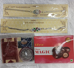 Rakhi Gift Combo with 2 Elegant Rakhis for Brother – Includes Choco Magic Box, Silver Coin, Roli Chawal & Greeting Card,Rakhi Gift Combo