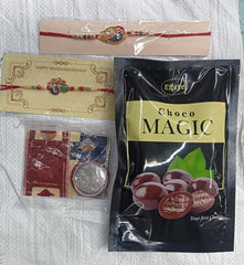 Rakhi Gift Set with 2 Designer Rakhis for Brother – Includes Choco Magic Pack, Silver Coin, Roli Chawal & Greeting Card,Rakhi Gift Combo