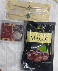 Rakhi Gift Combo with 2 Elegant Rakhis for Brother – Includes Choco Magic Pack, Silver Coin, Roli Chawal & Greeting Card,Rakhi Gift Combo
