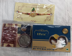Swastik Rakhi Gift Combo with Choco Coated Butterscotch, Roli-Chawal, Coin & Raksha Bandhan Greeting Card for Brother
