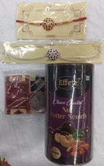 Designer Rakhi Gift Combo for Brother with Choco Coated Nut Butterscotch (96g), Tilak Set, Silver Coin & Raksha Bandhan Greeting Card