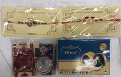 Premium Rakhi Gift Combo with BRO & Peacock Rakhis, Choco Butterscotch, Tilak Set, Coin & Greeting Card