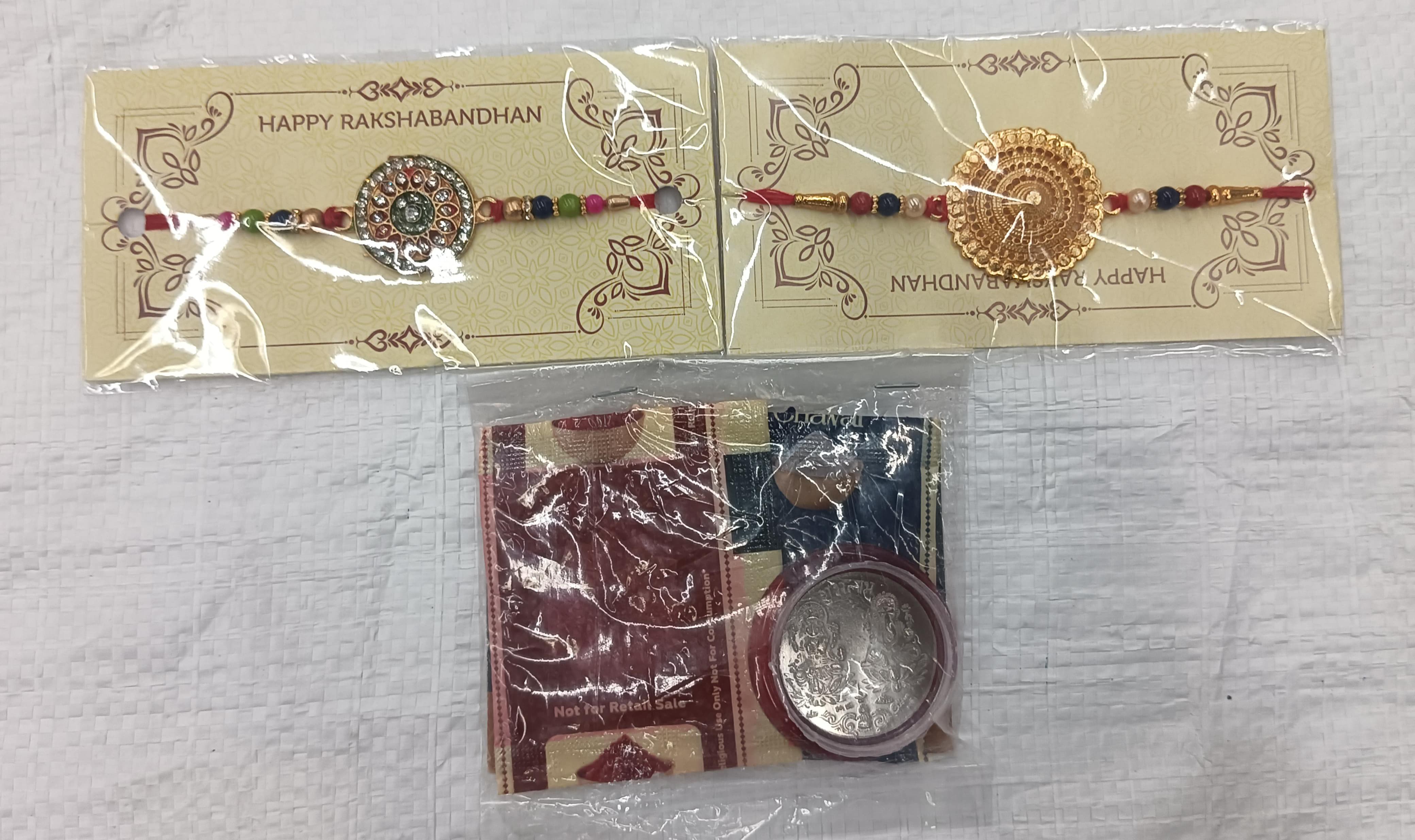 Traditional Designer Rakhi Combo Set with Blessing Coin, Roli Chawal, and Raksha Bandhan Greeting Card
