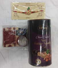 Designer Krishna Rakhi Gift Combo with Nut Butterscotch, Tilak Set, Coin & Greeting Card