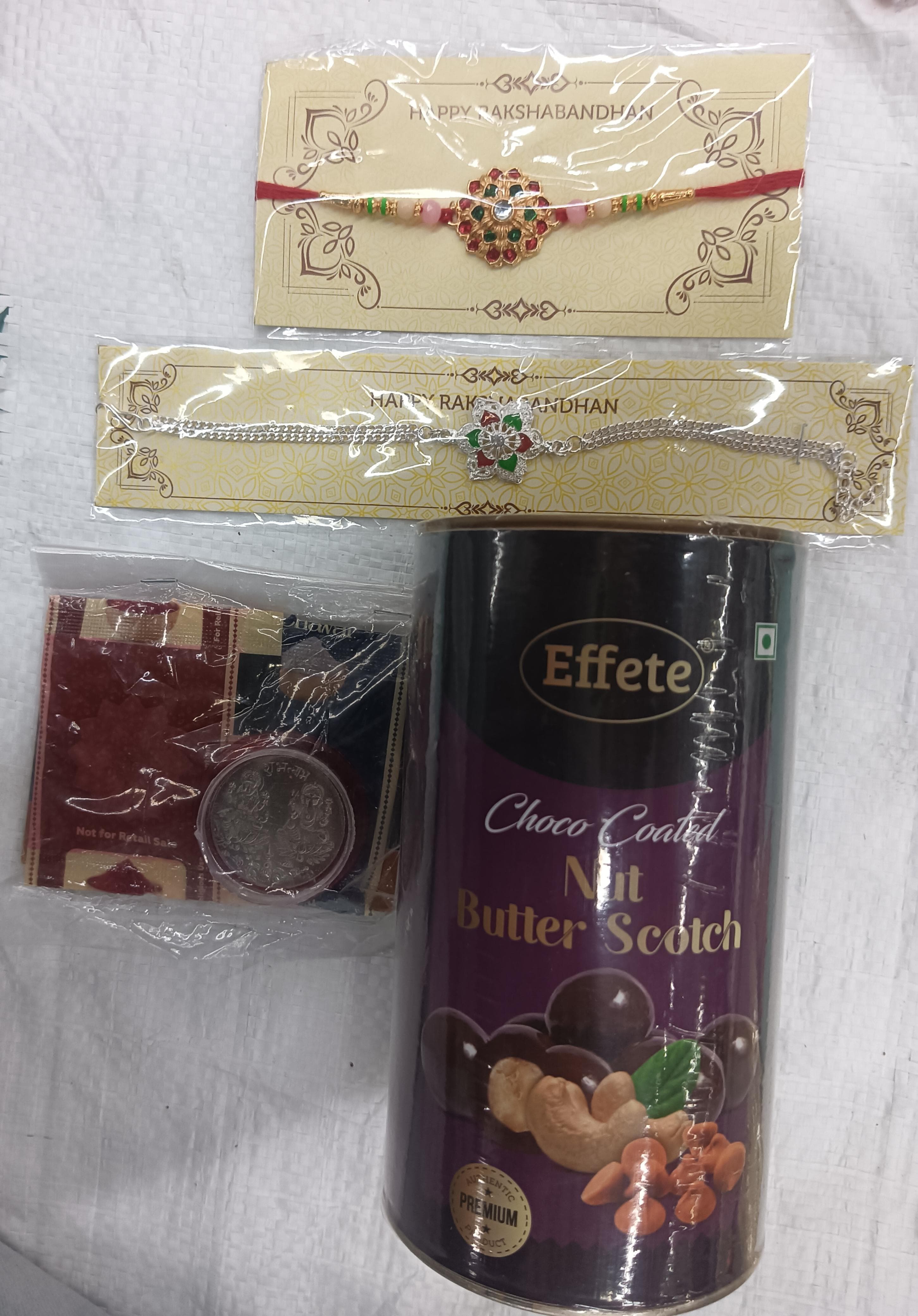 Designer Rakhi Combo Set with Choco-Coated Butterscotch Cashews, Roli-Chawal & Blessing Coin – Raksha Bandhan Gift for Brother