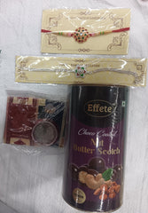 Designer Rakhi Combo Set with Choco-Coated Butterscotch Cashews, Roli-Chawal & Blessing Coin – Raksha Bandhan Gift for Brother