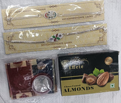 Designer Rakhi Set with Almond Chocolates, Roli-Chawal, Coin & Greeting Card – Raksha Bandhan Gift Combo