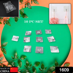 1609  Self Adhesive Heavy Duty Waterproof Transparent Sticky Plastic & Stainless Steel Wall Hooks (10 Pc Set)