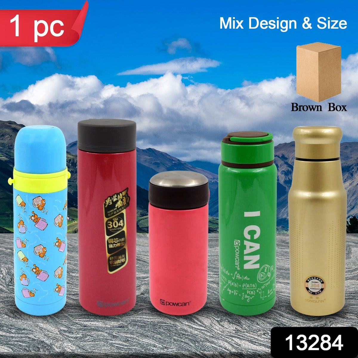 Stainless Steel Water Bottle (1 Pc / Mix Design & Size)