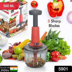 5901 Matte Finish Manual Hand Press Chopper for Kitchen, Mini Handy & Compact Chopper with 3 Blades for Effortlessly Chopping Vegetables & Fruits for Your Kitchen. DeoDap