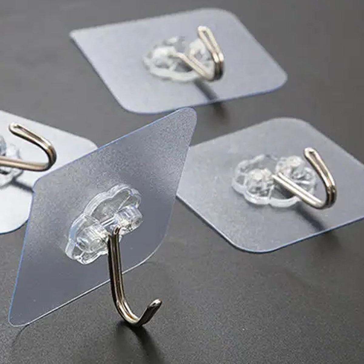 1609  Self Adhesive Heavy Duty Waterproof Transparent Sticky Plastic & Stainless Steel Wall Hooks (10 Pc Set)