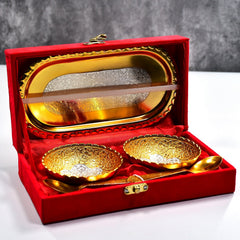2947 Gold Silver Plated 2 Bowl 2 Spoon Tray Set Brass with Red Velvet Gift Box Serving Dry Fruits Desserts Gift DeoDap
