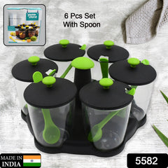 5582 Multipurpose 6 Piece Miracle Revolving Plastic Spice Container Rack With 6 Spoon, Condiment Set, Masala Rack Set, Revolving Spice Rack Aachar Container Chutney Mukhwas Tray Masala Dining Spice Stand