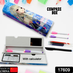 17609 12 in 1 Compass Box, Geometry Box 2 Compartment, Pencil Box with 1 Calculator, 1 Mirror, Pen Refill 2 Black, 2 Blue, 2 Red, 2 Marker for Boys Art Plastic Pencil Box for Girls and Boys